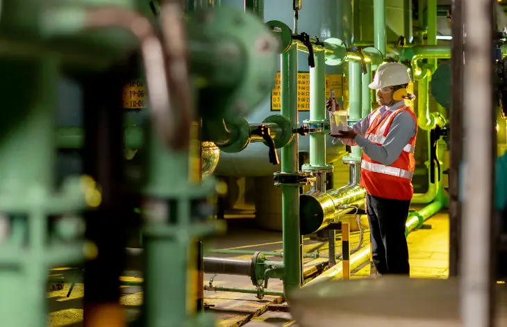 A worker in a hard hat and safety vest inspecting equipment in an industrial setting, surrounded by green pipes