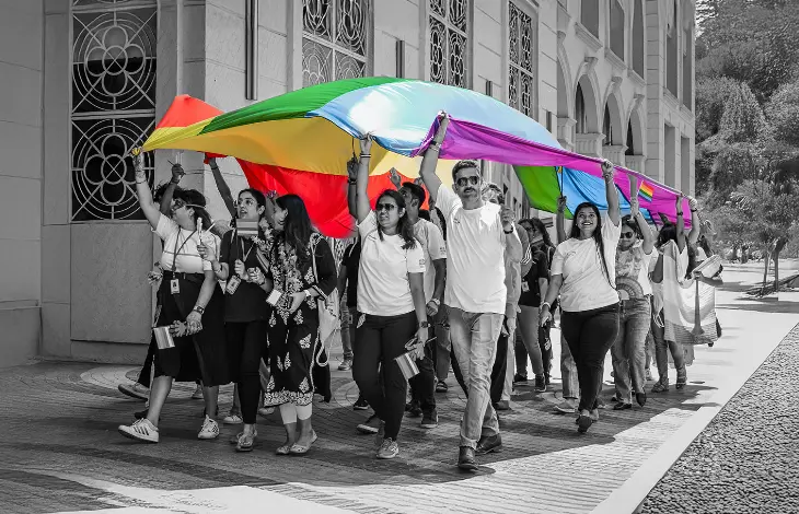 Group of people walking together holding a large rainbow flag during a pride celebration, showing solidarity and support for the LGBTQ+ community.