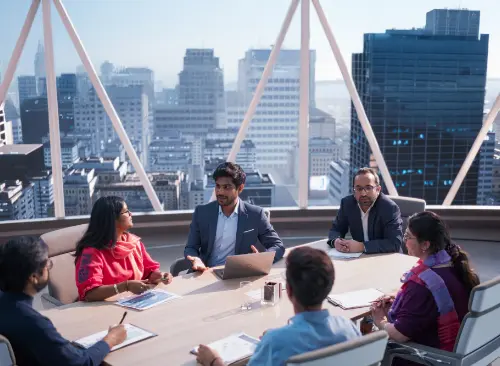 A group of professionals engaged in a meeting around a conference table in a high-rise office with city skyline views in the background. The team is actively discussing and collaborating.