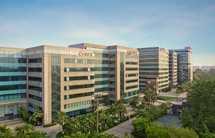 A panoramic view of a modern office complex in Candor TechSpace, Sector 21, Gurugram, showcasing glass buildings with company logos like Cvent and Accenture. The area is surrounded by lush greenery and a well-maintained sports court.
