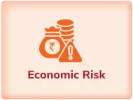 An icon representing economic risk, featuring a money bag with a rupee symbol, stacks of coins, and a warning triangle, symbolizing potential financial challenges and uncertainties.