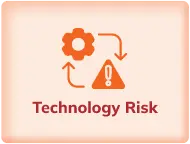 An icon representing technology risk, featuring a gear with circular arrows around it and a warning triangle, symbolizing potential risks related to technology systems and operations.